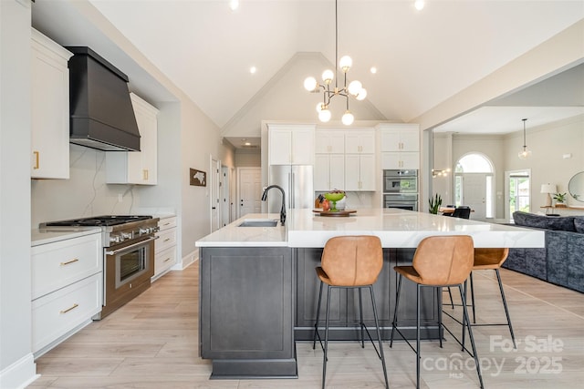 kitchen featuring a sink, premium range hood, white cabinets, and stainless steel appliances