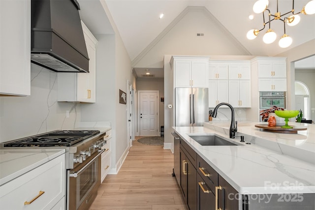 kitchen featuring high quality appliances, pendant lighting, a sink, white cabinets, and custom exhaust hood
