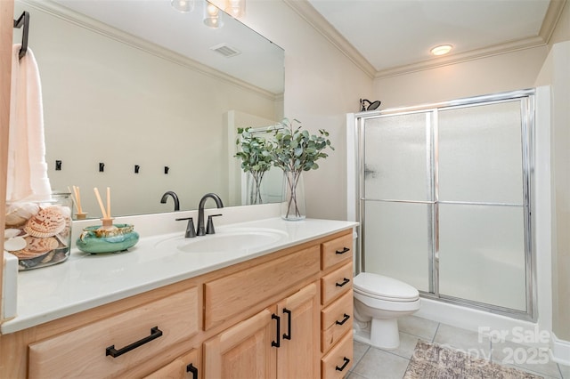 full bathroom featuring crown molding, tile patterned flooring, vanity, toilet, and a stall shower