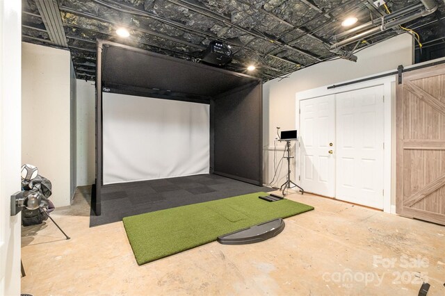 below grade area with a barn door and golf simulator