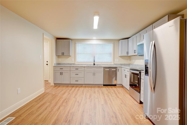 kitchen featuring visible vents, a sink, baseboards, light wood-style floors, and stainless steel appliances