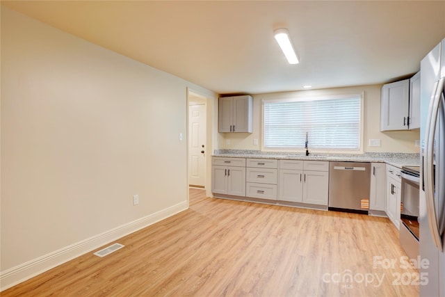 kitchen featuring a sink, stainless steel appliances, light wood finished floors, and visible vents
