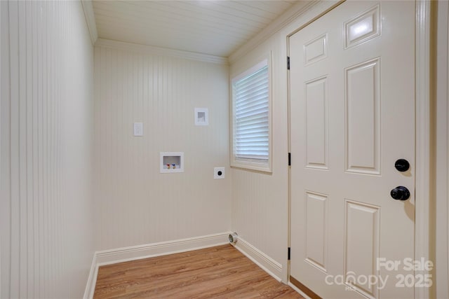 laundry area with washer hookup, laundry area, baseboards, electric dryer hookup, and ornamental molding