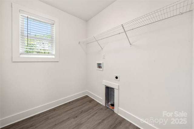 3205 Morning Dr, Charlotte, NC 28208 - clothes washing area featuring dark wood-style flooring, laundry area, hookup for a washing machine, electric dryer hookup, and baseboards