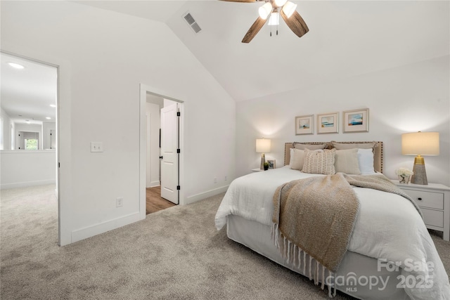 3205 Morning Dr, Charlotte, NC 28208 - bedroom featuring ceiling fan, visible vents, vaulted ceiling, baseboards, and carpet