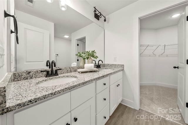 3205 Morning Dr, Charlotte, NC 28208 - full bath featuring visible vents, a sink, a walk in closet, and wood finished floors