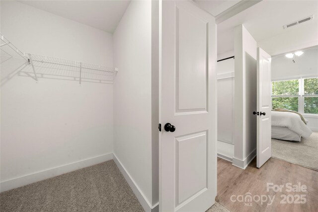 3205 Morning Dr, Charlotte, NC 28208 - walk in closet featuring visible vents, light carpet, and light wood-type flooring