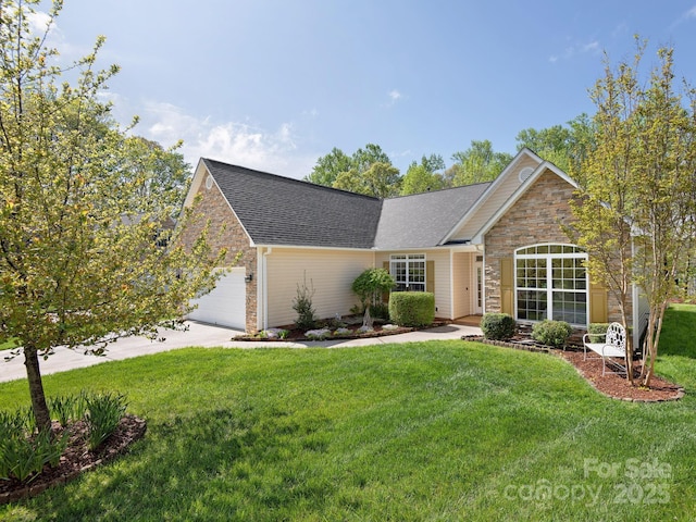 single story home featuring stone siding, a front lawn, driveway, and an attached garage