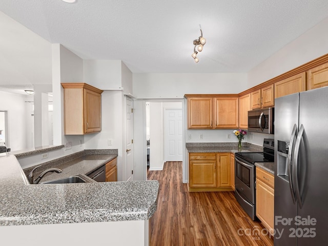 kitchen with dark countertops, stainless steel appliances, dark wood-style floors, and a sink