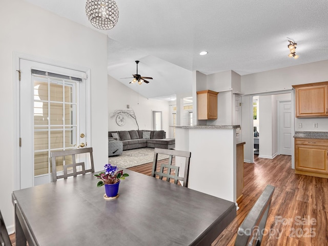 dining area featuring dark wood finished floors, recessed lighting, baseboards, a ceiling fan, and lofted ceiling