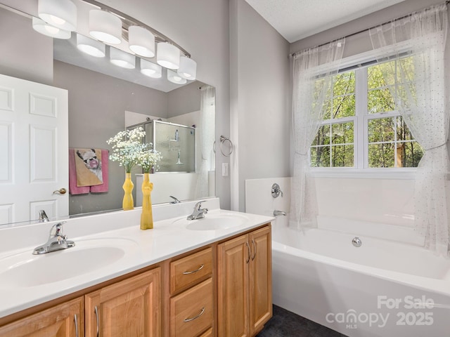 bathroom featuring double vanity, a sink, a shower stall, and a bathing tub