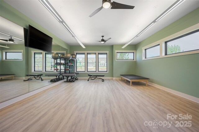1111 Meander Ln, Waxhaw, NC 28173 - workout area featuring plenty of natural light, wood finished floors, baseboards, and ceiling fan
