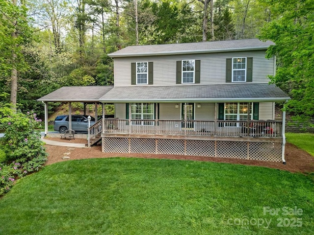view of front of home featuring a front yard, a carport, a porch, and a shingled roof