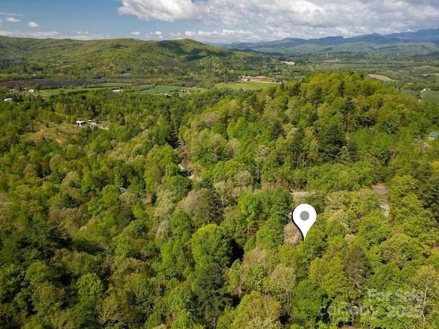 aerial view with a wooded view and a mountain view