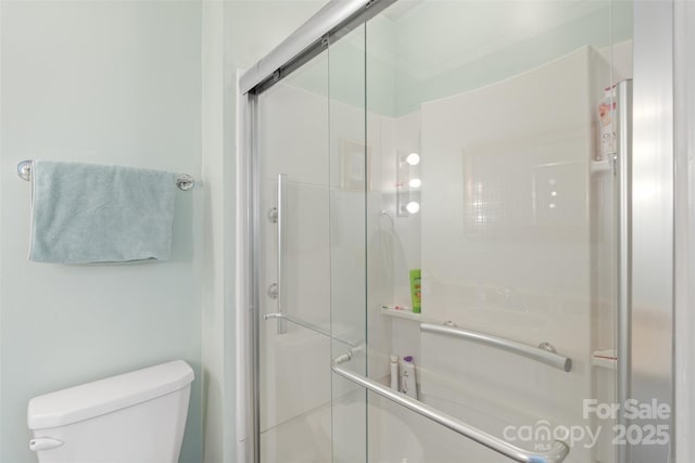 full bathroom featuring toilet and a shower stall