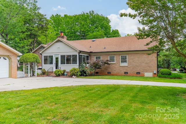 5522 Sharon Rd, Charlotte, NC 28210 - single story home with crawl space, a front lawn, a chimney, a sunroom, and driveway