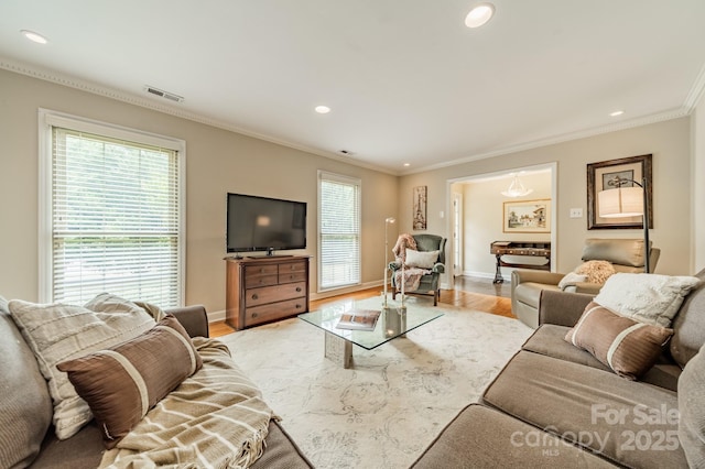 5522 Sharon Rd, Charlotte, NC 28210 - living area featuring recessed lighting, ornamental molding, and light wood finished floors