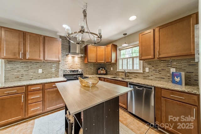 5522 Sharon Rd, Charlotte, NC 28210 - kitchen featuring stainless steel appliances, light tile patterned floors, a chandelier, butcher block countertops, and wall chimney range hood