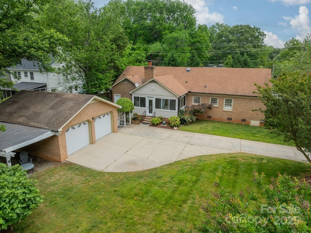 5522 Sharon Rd, Charlotte, NC 28210 - ranch-style home with an outbuilding, a front lawn, brick siding, entry steps, and crawl space