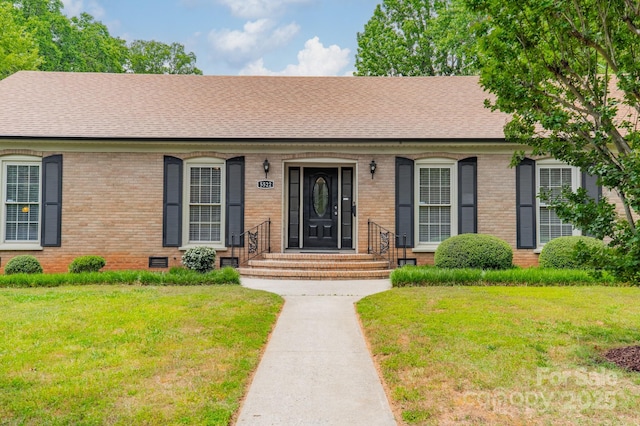5522 Sharon Rd, Charlotte, NC 28210 - view of front of home featuring brick siding, a front lawn, roof with shingles, and crawl space
