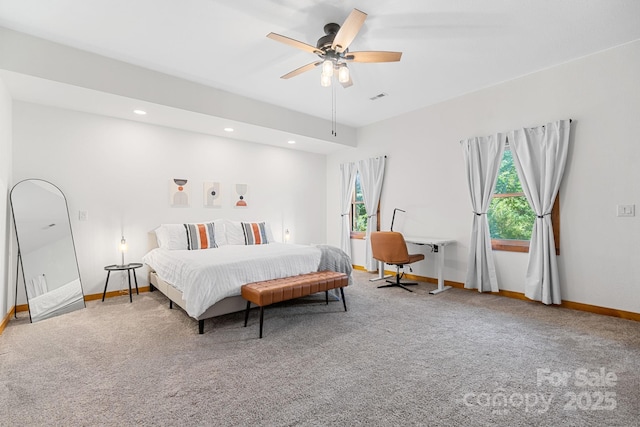 bedroom with visible vents, ceiling fan, baseboards, carpet floors, and recessed lighting