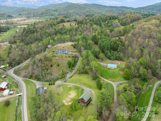 birds eye view of property featuring a mountain view and a forest view