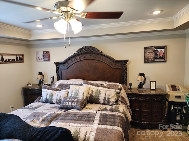 bedroom with crown molding, a ceiling fan, wood finished floors, and a raised ceiling