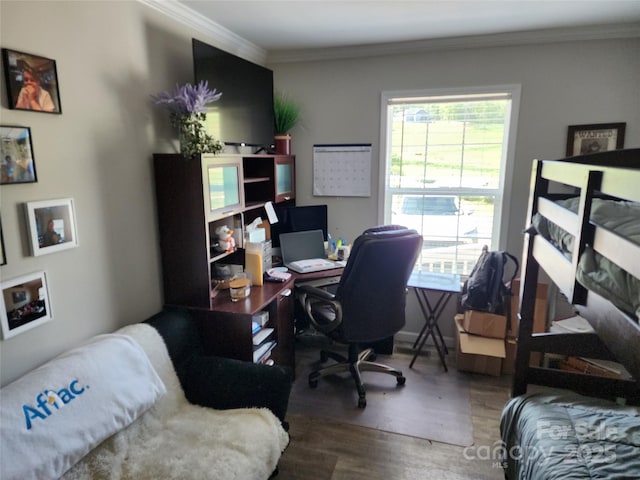 home office featuring crown molding and wood finished floors