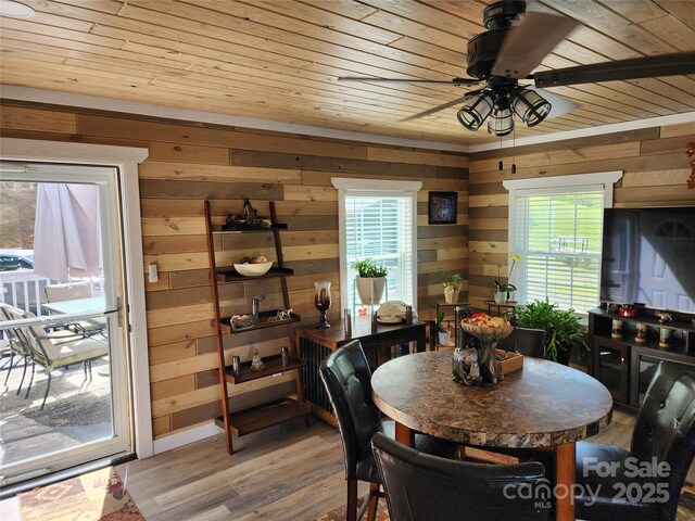 dining space featuring a ceiling fan, wood ceiling, wood finished floors, and wooden walls
