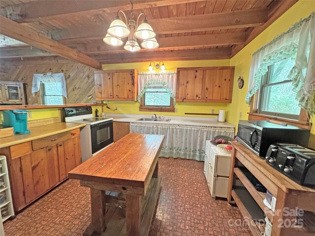 kitchen featuring a sink, electric stove, wood ceiling, and beamed ceiling
