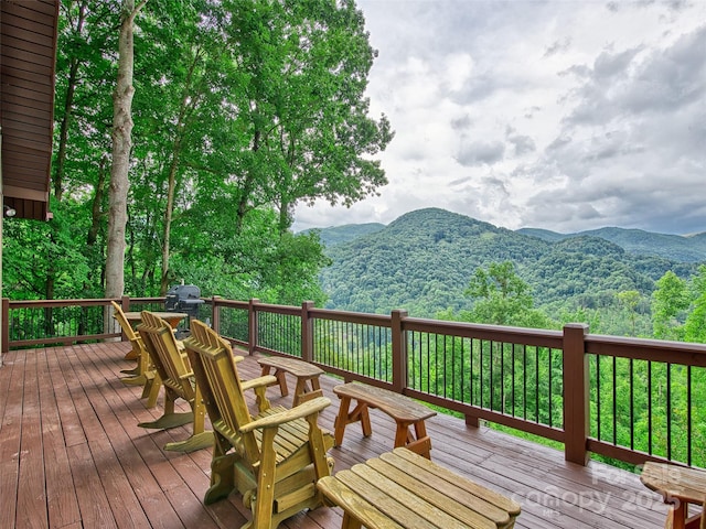 171 Jade Dr, Clyde, NC 28721 - wooden terrace with a mountain view and a grill