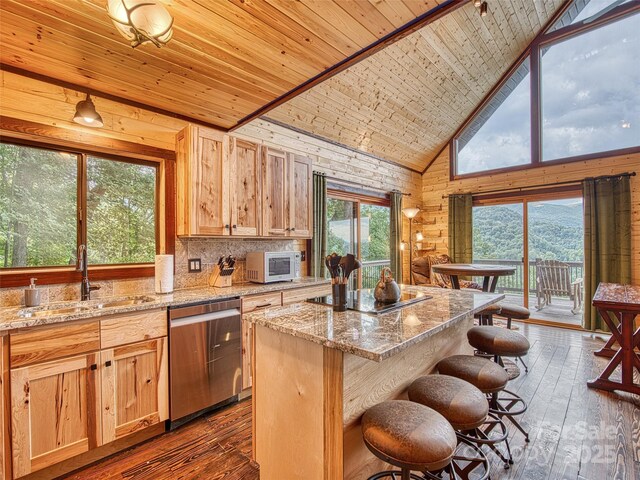 171 Jade Dr, Clyde, NC 28721 - kitchen featuring dishwasher, wooden ceiling, a sink, high vaulted ceiling, and dark wood-style floors