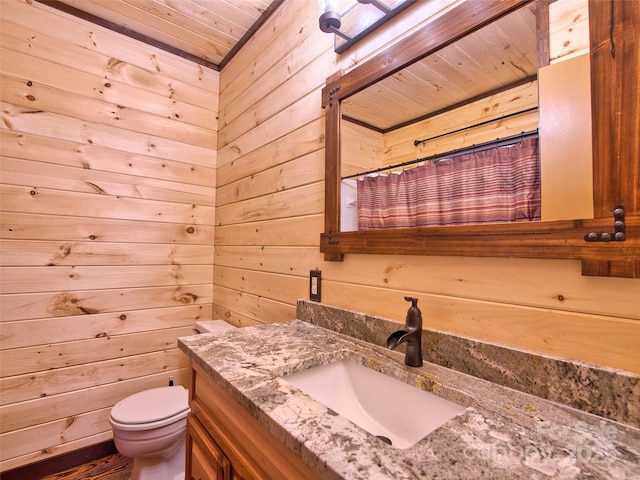 171 Jade Dr, Clyde, NC 28721 - full bathroom with vanity, wood walls, toilet, wood ceiling, and a shower with curtain