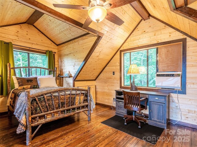 171 Jade Dr, Clyde, NC 28721 - bedroom with wooden walls, wood-type flooring, wood ceiling, a desk, and cooling unit