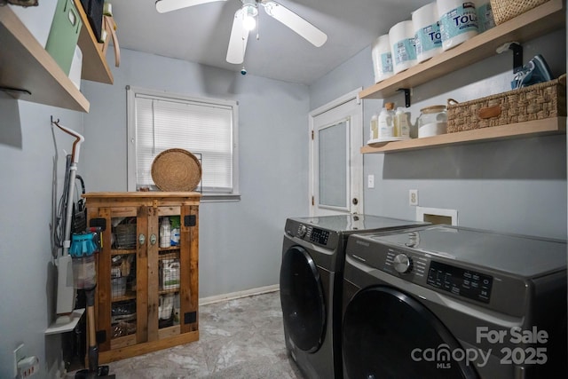 4314 Oak Forest Dr, Charlotte, NC 28215 - laundry area featuring baseboards, washer and clothes dryer, laundry area, and ceiling fan