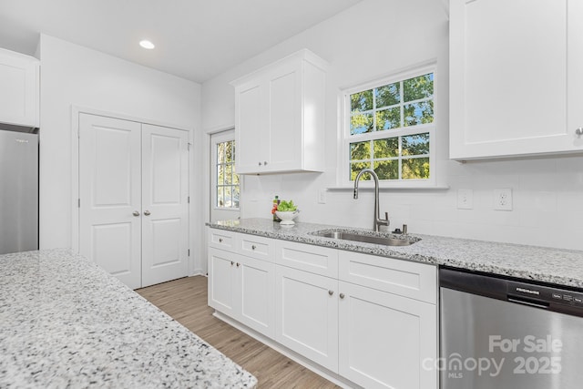 1619 Martin Ave, Gastonia, NC 28052 - kitchen with stainless steel appliances, a sink, white cabinetry, tasteful backsplash, and light stone countertops