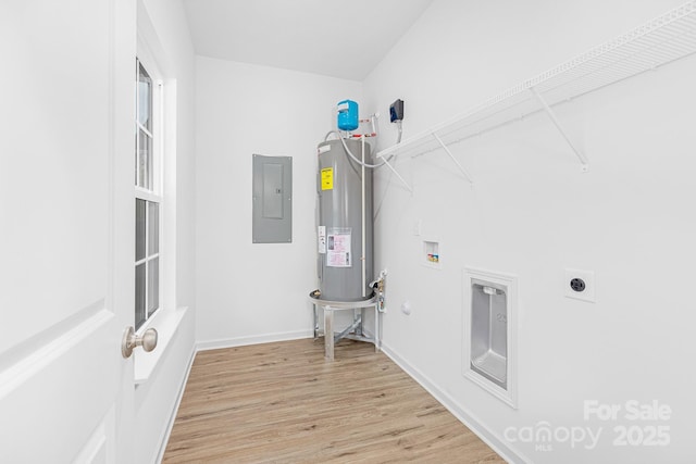1619 Martin Ave, Gastonia, NC 28052 - laundry area with water heater, electric panel, electric dryer hookup, light wood-style floors, and hookup for a washing machine