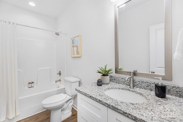 1619 Martin Ave, Gastonia, NC 28052 - bathroom featuring wood finished floors, toilet, vanity, and shower / tub combo with curtain