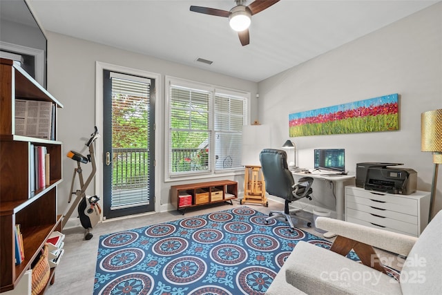 office area with a ceiling fan, visible vents, and baseboards