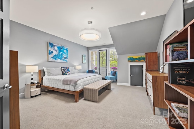 bedroom featuring recessed lighting, lofted ceiling, light colored carpet, and baseboards