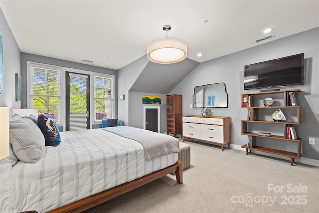 carpeted bedroom featuring visible vents, recessed lighting, and baseboards