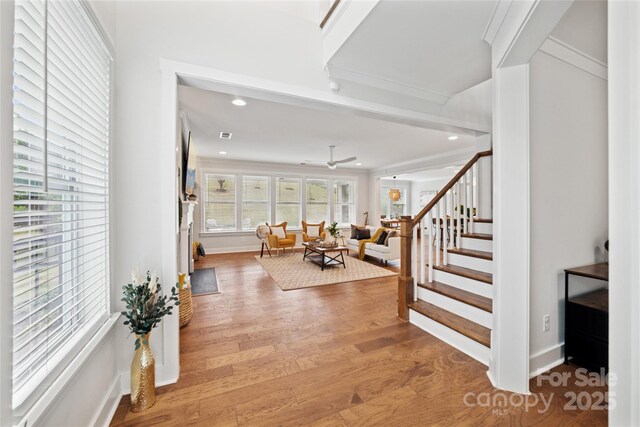 528 Rock Skip Way, Fort Mill, SC 29708 - foyer entrance featuring stairs, wood finished floors, recessed lighting, and a ceiling fan