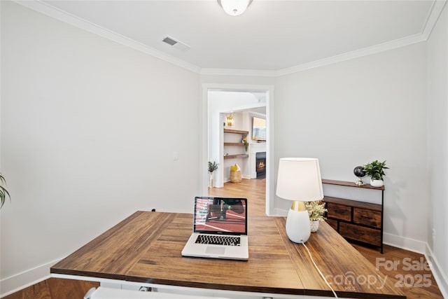 528 Rock Skip Way, Fort Mill, SC 29708 - office area with crown molding, wood finished floors, and a lit fireplace