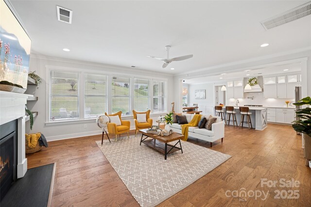 528 Rock Skip Way, Fort Mill, SC 29708 - living area featuring a glass covered fireplace, a ceiling fan, ornamental molding, light wood-style flooring, and recessed lighting