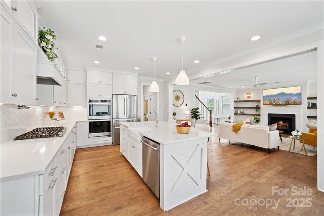 528 Rock Skip Way, Fort Mill, SC 29708 - kitchen featuring stainless steel appliances, light countertops, a warm lit fireplace, light wood-style floors, and recessed lighting