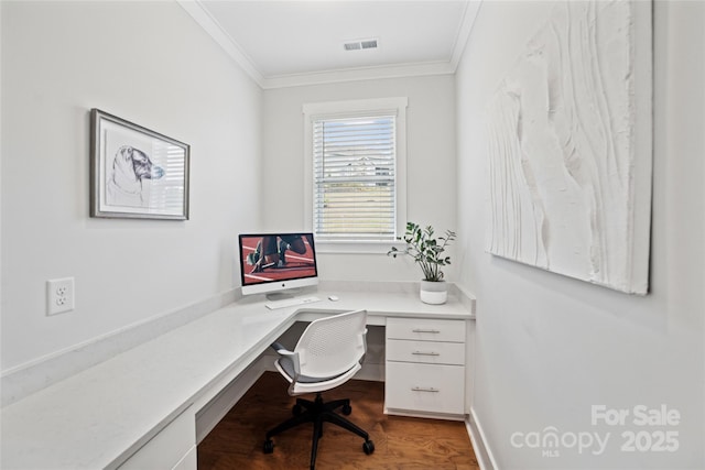 528 Rock Skip Way, Fort Mill, SC 29708 - office area featuring crown molding, built in study area, and wood finished floors