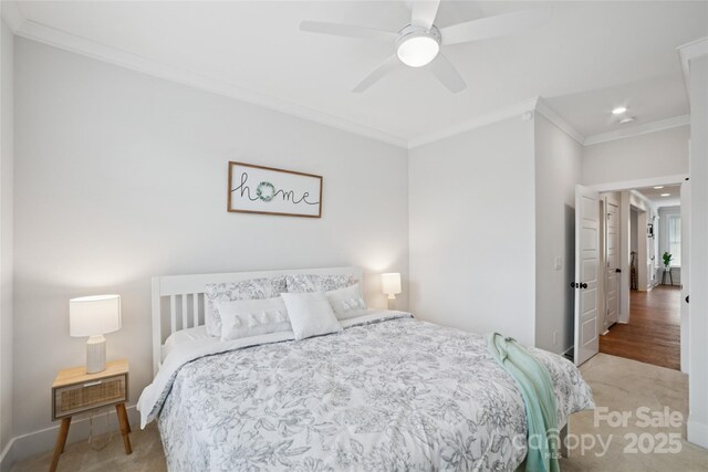 528 Rock Skip Way, Fort Mill, SC 29708 - carpeted bedroom with crown molding, recessed lighting, and a ceiling fan