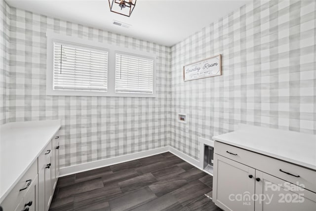 528 Rock Skip Way, Fort Mill, SC 29708 - washroom with wallpapered walls, cabinet space, dark wood-style floors, and hookup for a washing machine