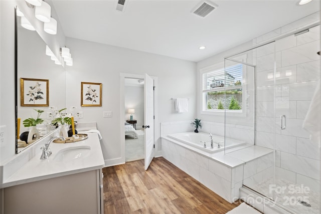 528 Rock Skip Way, Fort Mill, SC 29708 - bathroom with double vanity, a garden tub, wood finished floors, a shower stall, and ensuite bathroom