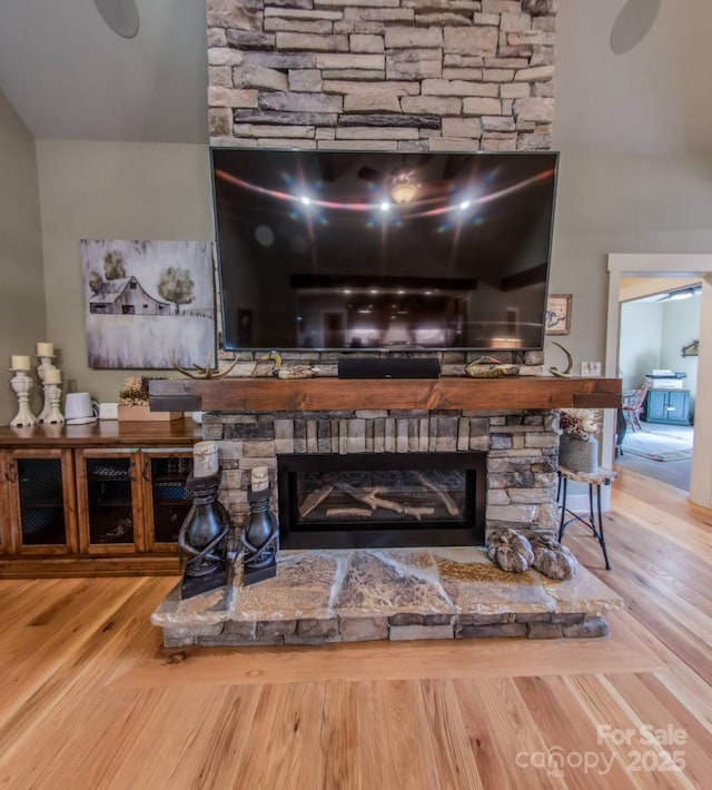 detailed view of wood finished floors and a fireplace